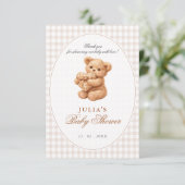 Klein Hart Bruine Gingham Teddybeer Baby Shower Kaart (Staand voorkant)