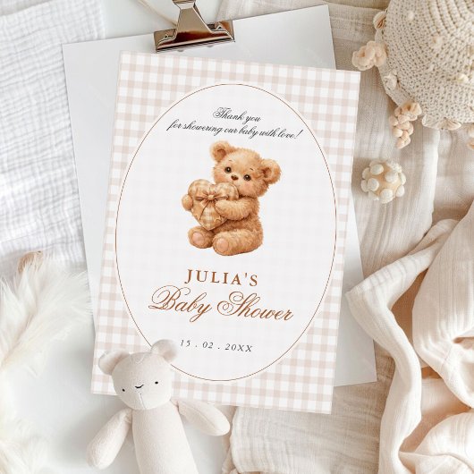 Klein Hart Bruine Gingham Teddybeer Baby Shower Kaart
