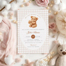 Klein Hart Bruine Gingham Teddybeer Baby Shower