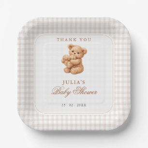 Klein Hart Bruine Gingham Teddybeer Baby Shower Papieren Bordje