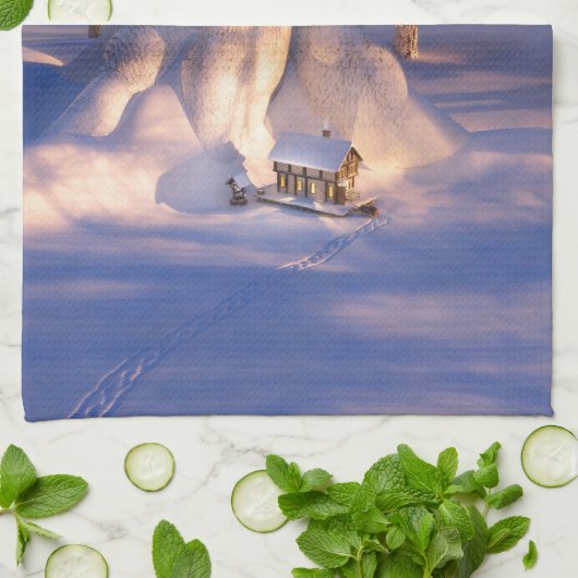 Klein huis in de sneeuwhanddoek theedoek (Gevouwen)