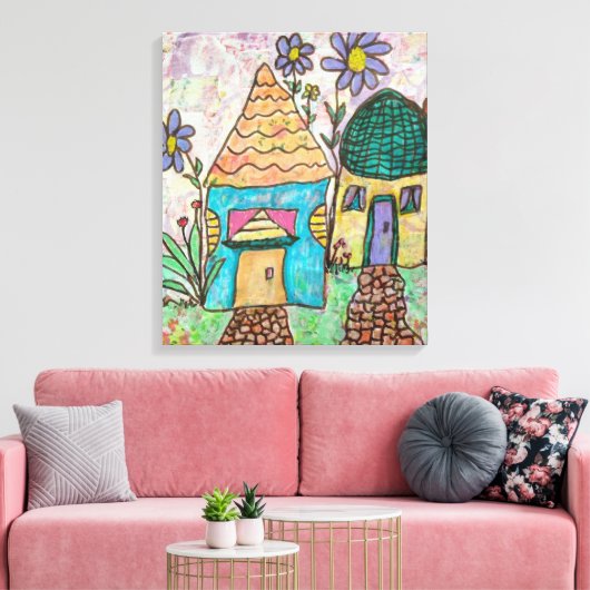 Klein huis met grote bloemen canvas afdruk (Insitu (Woonkamer))