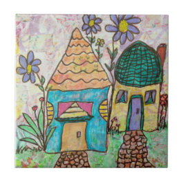 Klein huis met grote bloemen tegeltje