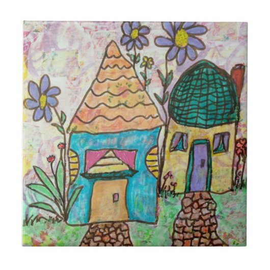 Klein huis met grote bloemen tegeltje (Voorkant)