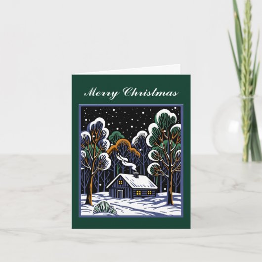 Klein huisje in het bos Kerst vrede op maat Feestdagen Kaart (Voorkant)