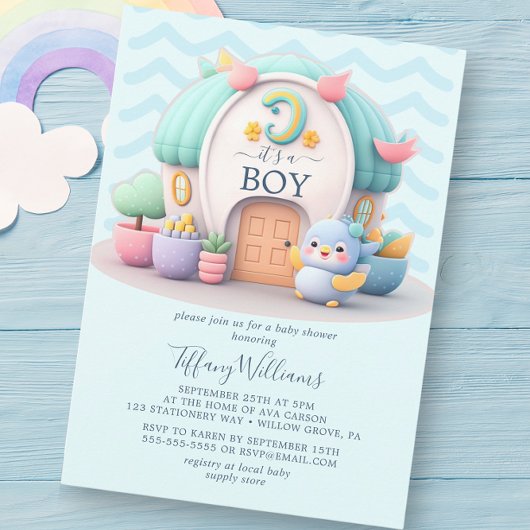 Klein huisje met dragon Boy Baby shower Kaart