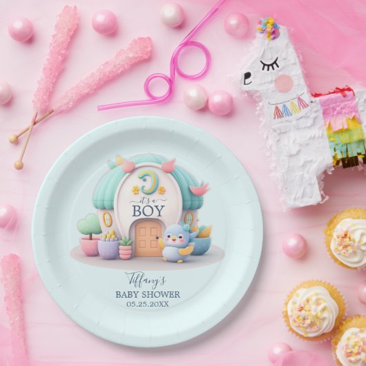 Klein huisje met dragon Boy Baby shower Papieren Bordje (Feest)