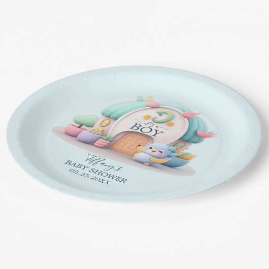 Klein huisje met dragon Boy Baby shower Papieren Bordje (Gekanteld)