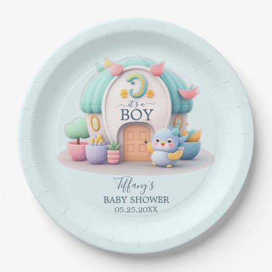 Klein huisje met dragon Boy Baby shower Papieren Bordje (Voorkant)