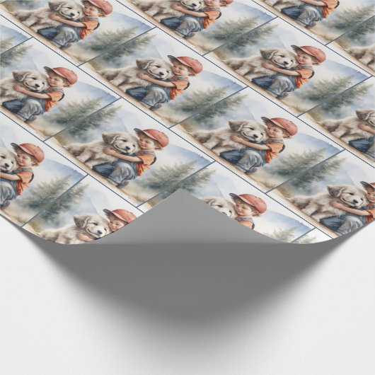 Klein jongetje knuffelhond in de Waterverf Cadeaupapier (Hoek)