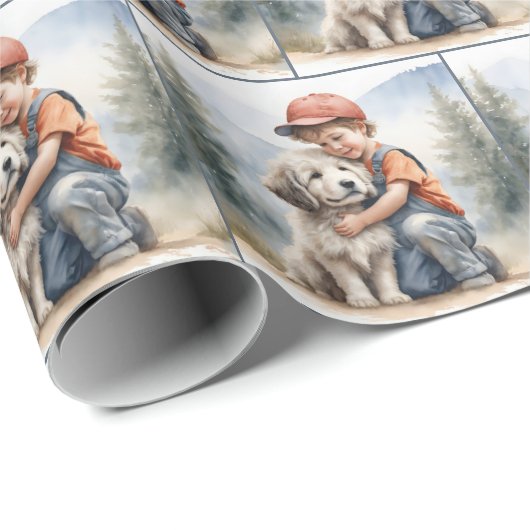 Klein jongetje knuffelhond in de Waterverf Cadeaupapier (Rol Hoek)