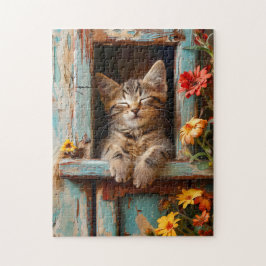 Klein Kitten Slapend in Tuinschuur met Bloeiende Legpuzzel