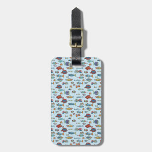 Klein Kleurrijk Vissenpatroon op Blauw Bagagelabel
