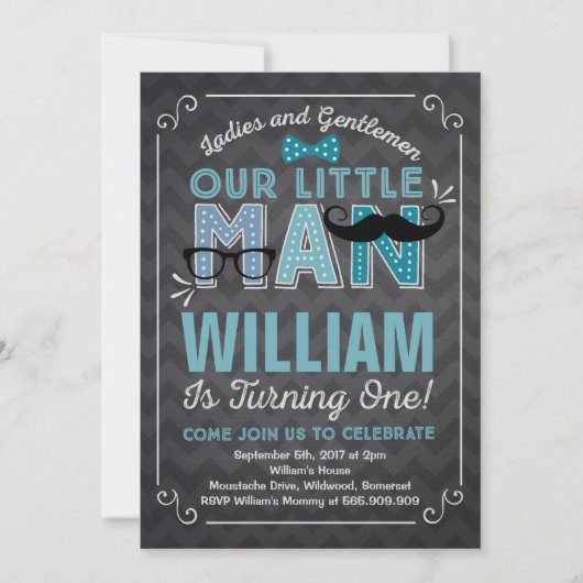 Klein Man 1e Verjaardag Uitnodiging Mustache Party (Voorkant)