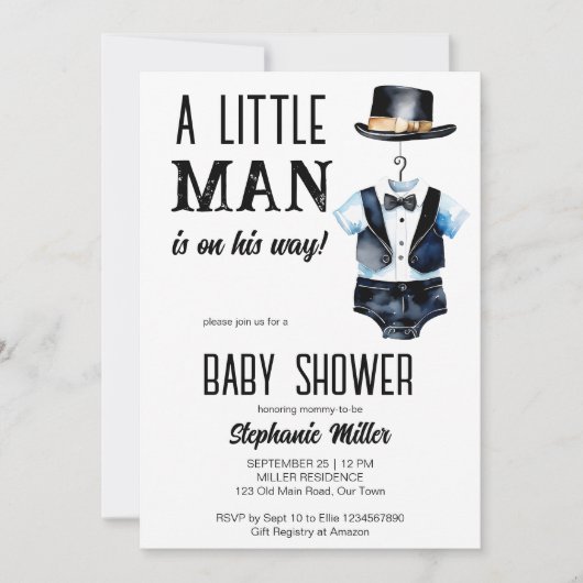 Klein man baby shower zwarte smoking en een pet kaart (Voorkant)