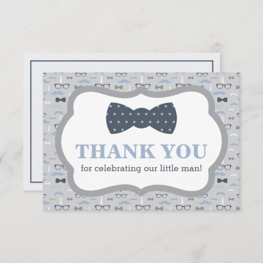 Klein Man Dank u kaart, Bow Stropdas, blauw, grijs Bedankkaart (Voorkant / Achterkant)
