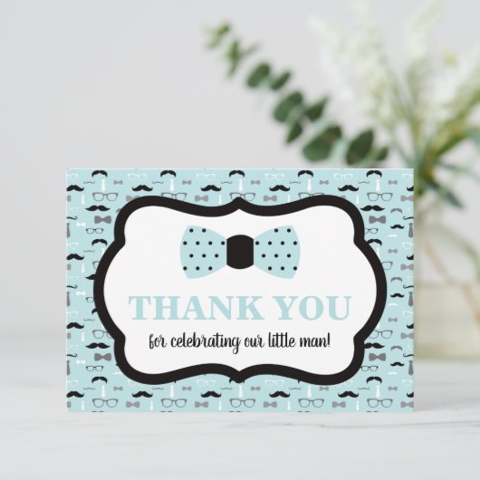 Klein Man Dank u kaart, Bow Stropdas, Blauw, Zwart Kaart (Staand voorkant)