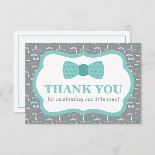 Klein Man Dank u kaart, Bow Stropdas, Turqoise, Gr Bedankkaart (Voorkant / Achterkant)
