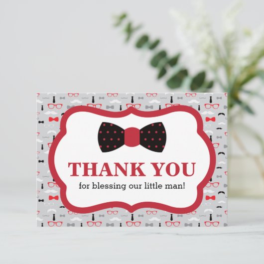 Klein Man Dank u kaart, rood, zwart, boog Stropdas Bedankkaart (Staand voorkant)