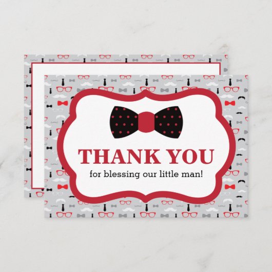 Klein Man Dank u kaart, rood, zwart, boog Stropdas Bedankkaart (Voorkant / Achterkant)