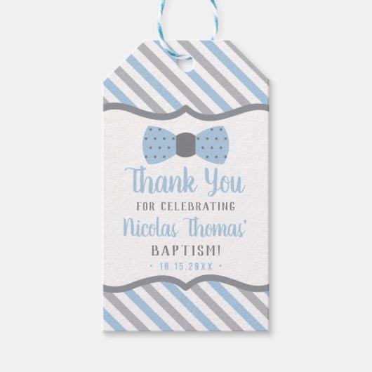 Klein Man Dank u Label, Baby blauw, grijs, doop Cadeaulabel (Voorkant)
