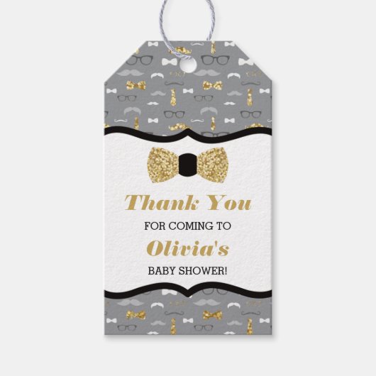 Klein Man Dank u Label, faux glitter, boog Stropda Cadeaulabel (Voorkant)