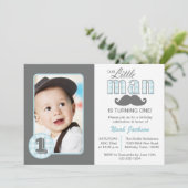 Klein Man Eerste Verjaardag Snor Blauw Grijs Foto Kaart (Staand voorkant)