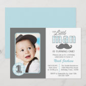 Klein Man Eerste Verjaardag Snor Blauw Grijs Foto Kaart (Voorkant / Achterkant)