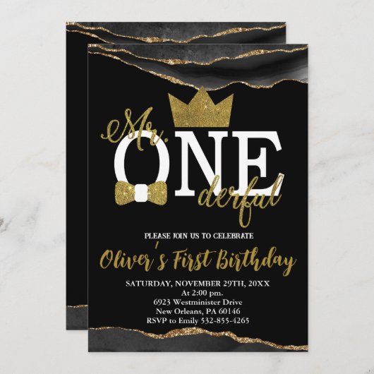 Klein Man, Mr One-derful Birthday, Zwart & Goud Kaart (Voorkant / Achterkant)