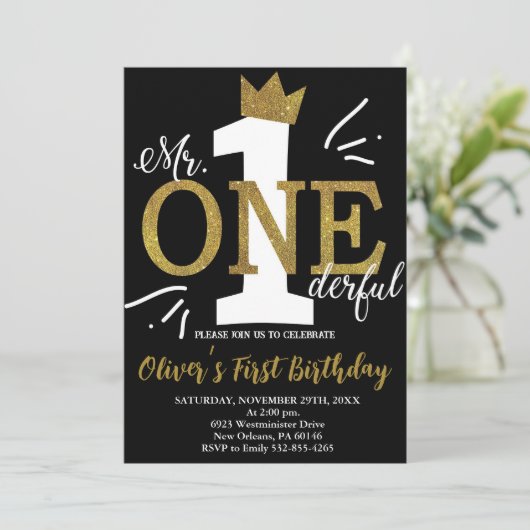 Klein Man, Mr One-derful Birthday, Zwart & Goud Kaart (Staand voorkant)