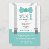 Klein Man verjaardagsfeestje, Blauwgroen, grijs, Kaart (Voorkant / Achterkant)