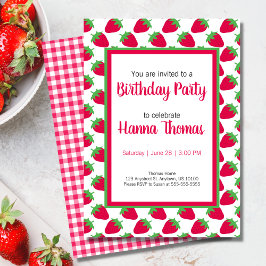 Klein Meisje Aardbei Patroon Groen Roze Verjaardag Kaart