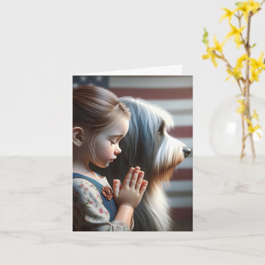 Klein meisje bidden met Bearded Collie Kaart (Gele Bloem)