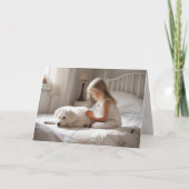 Klein meisje bidden met hond kaart (Voorkant)