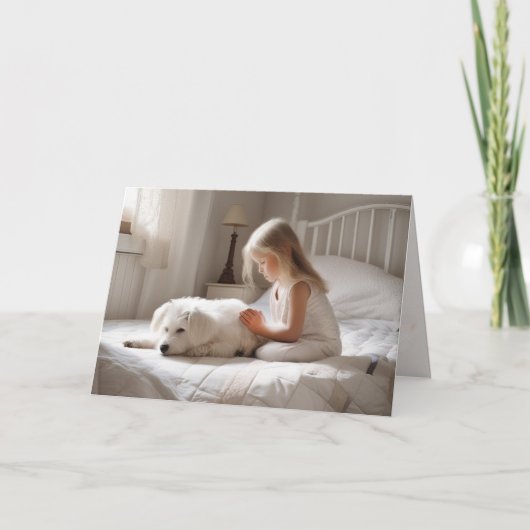 Klein meisje bidden met hond kaart (Voorkant)