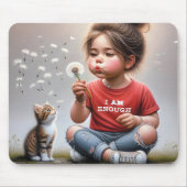 Klein meisje blazen paardenbloemen met kitten muismat (Voorkant)