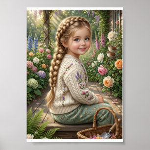 Klein meisje bloemenmand bos lente natuur bloem poster