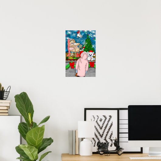 Klein meisje dat door een kerstraam kijkt poster (Thuiskantoor)