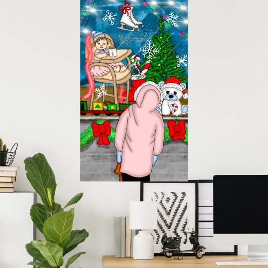 Klein meisje dat door een kerstraam kijkt poster (Thuiskantoor)