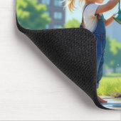 Klein meisje dat een boom water geeft in een stads muismat (Hoek)