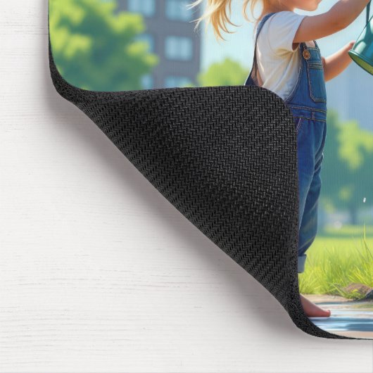 Klein meisje dat een boom water geeft in een stads muismat (Hoek)