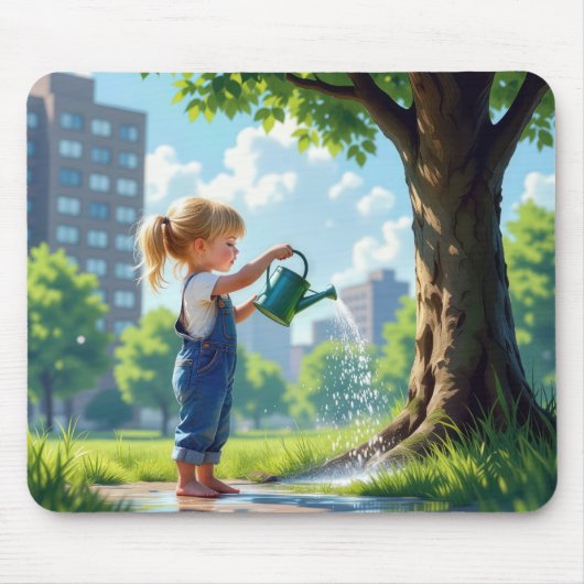 Klein meisje dat een boom water geeft in een stads muismat (Voorkant)