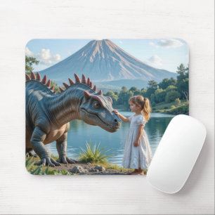 Klein meisje dat een dinosaurus aait muismat