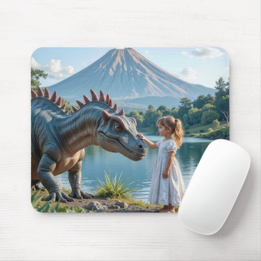 Klein meisje dat een dinosaurus aait muismat (Met muis)