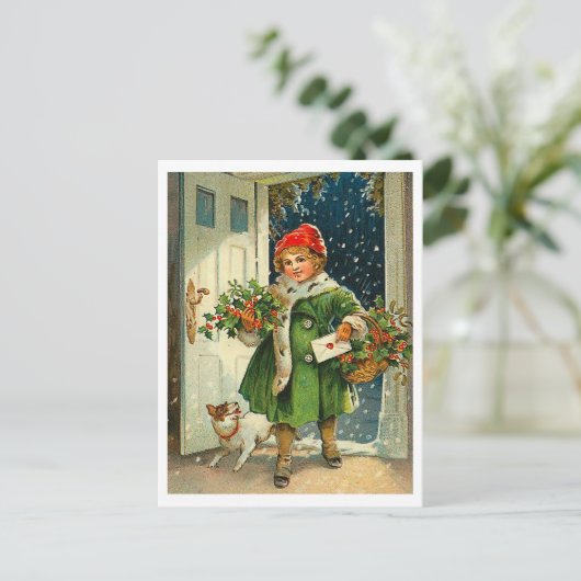 Klein meisje dat op kerstavond met haar hond komt briefkaart (Staand voorkant)
