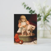 Klein meisje die haar hond zwemt briefkaart (Staand voorkant)