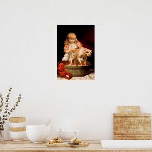 Klein meisje die haar hond zwemt poster (Keuken)