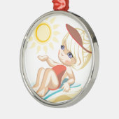 Klein meisje die op het strand zonnen metalen ornament (Links)