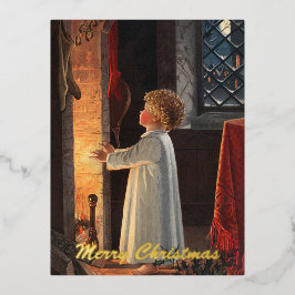  klein meisje door Fireplace kerstgoud Folie Feestdagen Briefkaart
