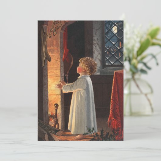  klein meisje door Fireplace Kerstmis Feestdagenkaart (Staand voorkant)